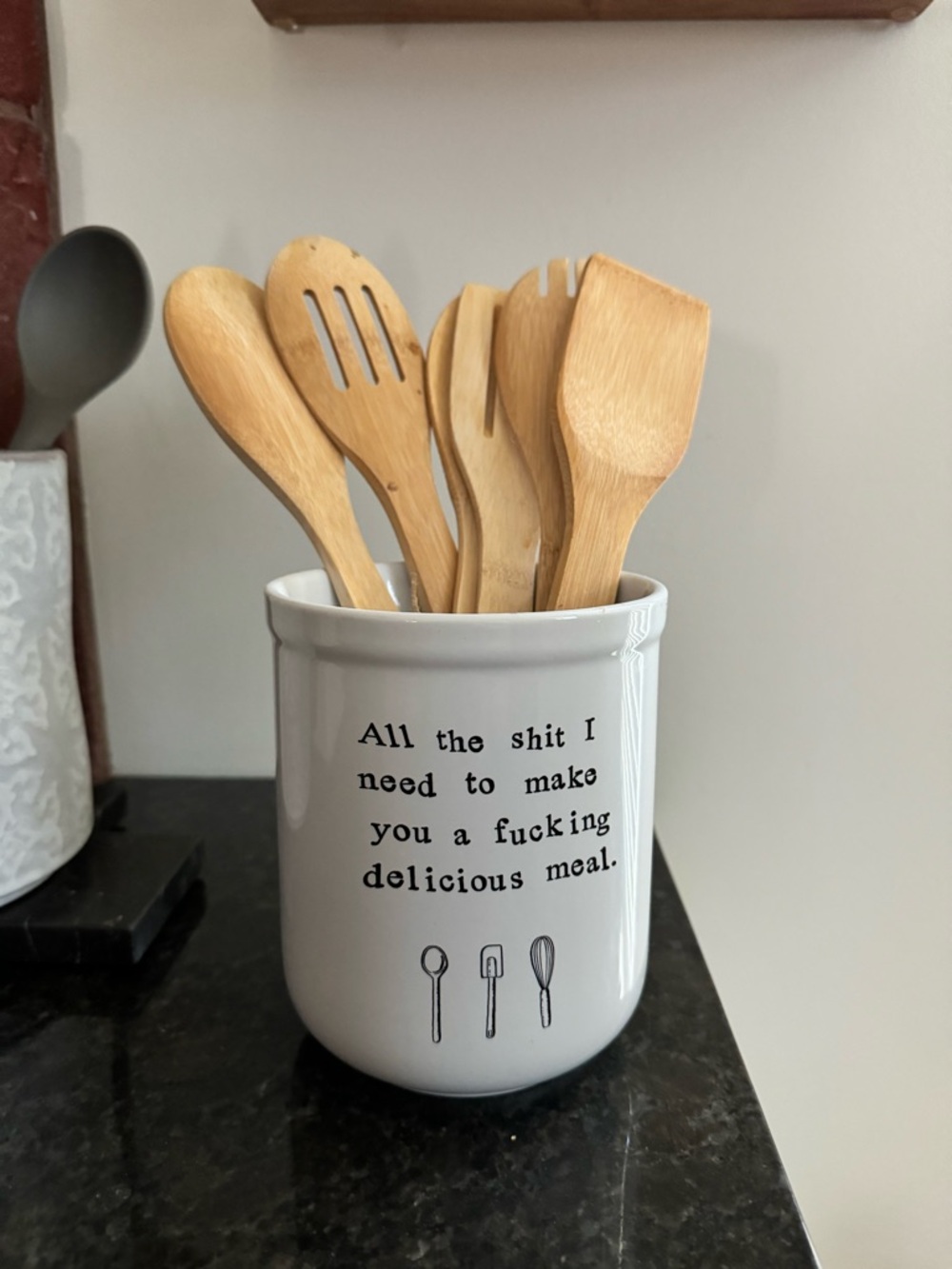 Ceramic Utensil Crock - White Kitchen Holder with Humorous Text